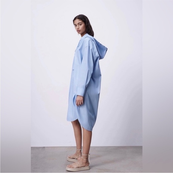 Zara oversized hooded poplin dress Size Medium NWT striped blue - Picture 3 of 8